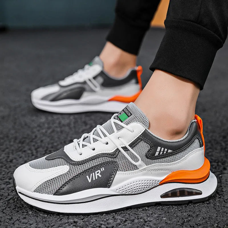 Men's grey mesh running shoes with round toe and lightweight sole for jogging