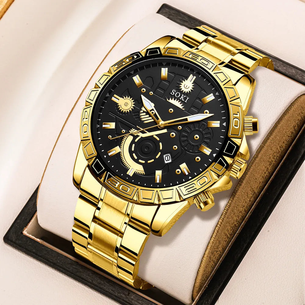 Gold men's stainless steel business watch with calendar on wrist