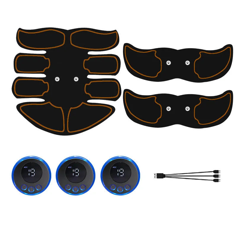 Digital abdominal muscle stimulation patch with three electrodes and colour-coded edges.