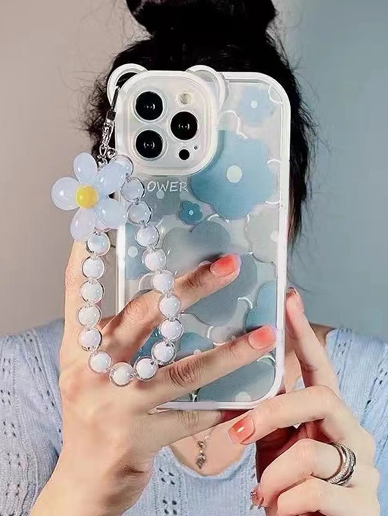 Floral bracelet TPU phone case for iPhone in Bear Ear Blue Flower design