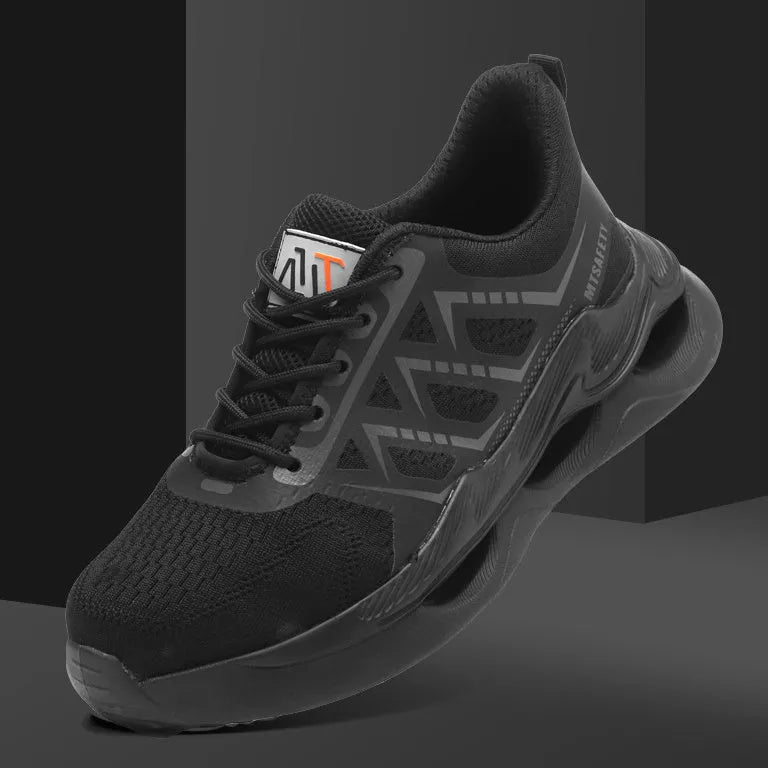 Men's black lace-up steel toe safety shoes with a breathable flat knitted upper and rubber sole.