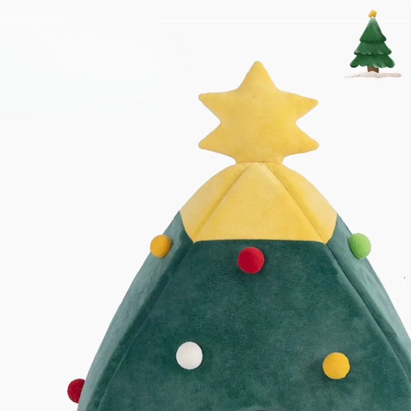 Christmas tree shaped plush teddy cat nest cave bed in warm colours with size dimensions