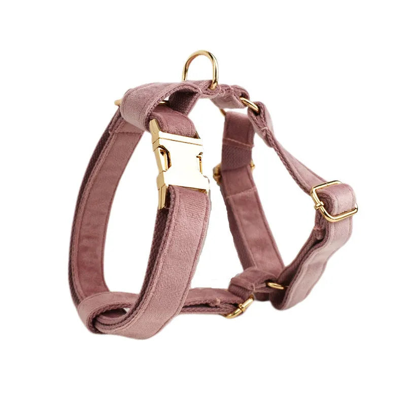 Light purple pink velvet dog collar with matching cloth accessories including leash and bow tie
