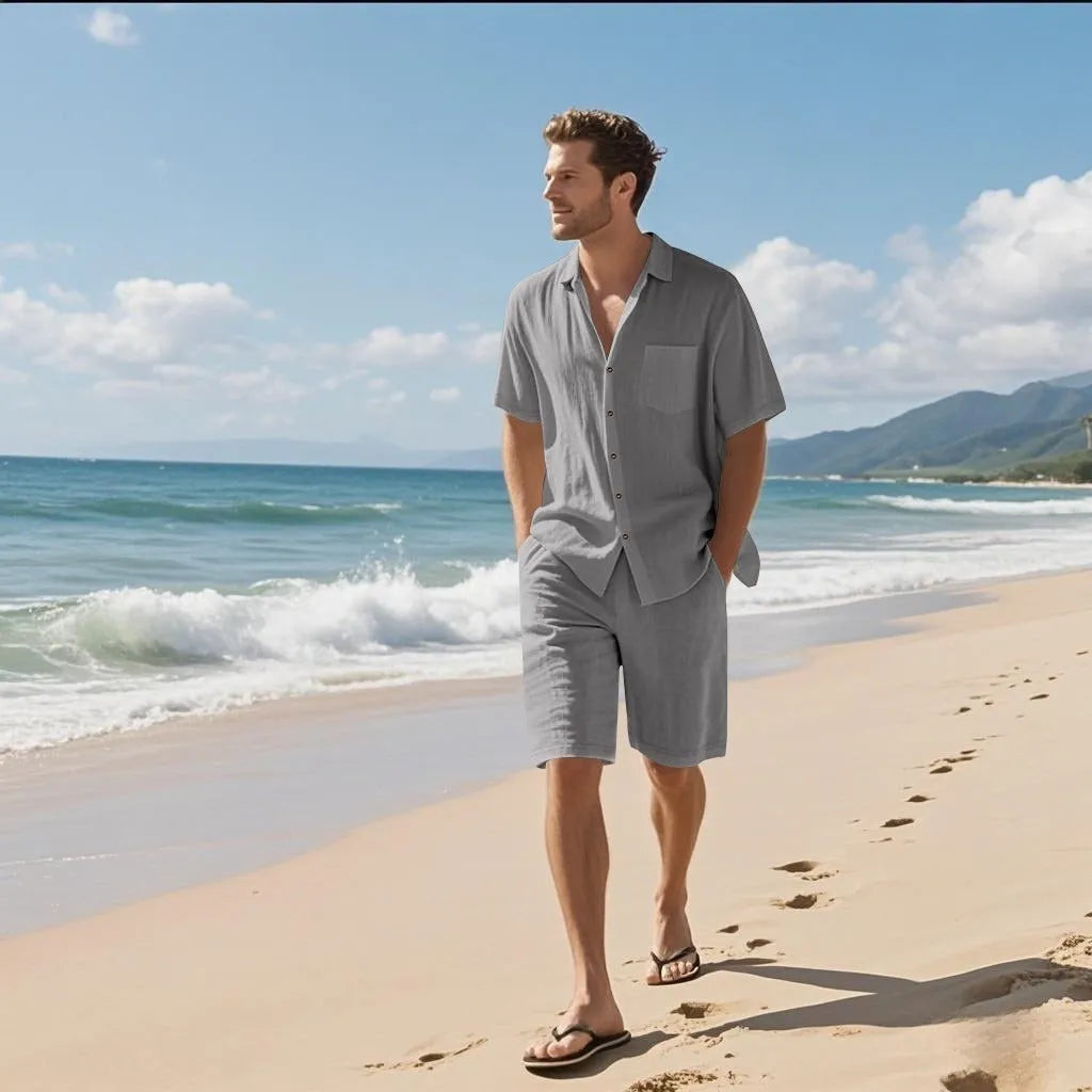 Linen blend short sleeve shirt and shorts casual beach suit set shown in khaki colour.