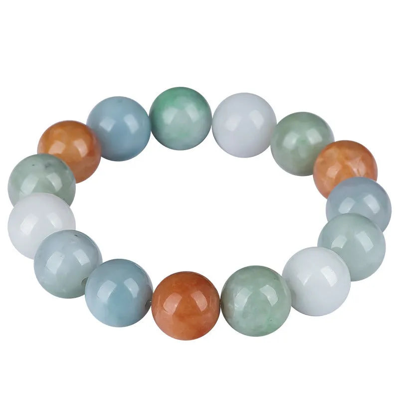 Women's natural Myanmar jade bracelet with three colours in 13mm round beads, national style design