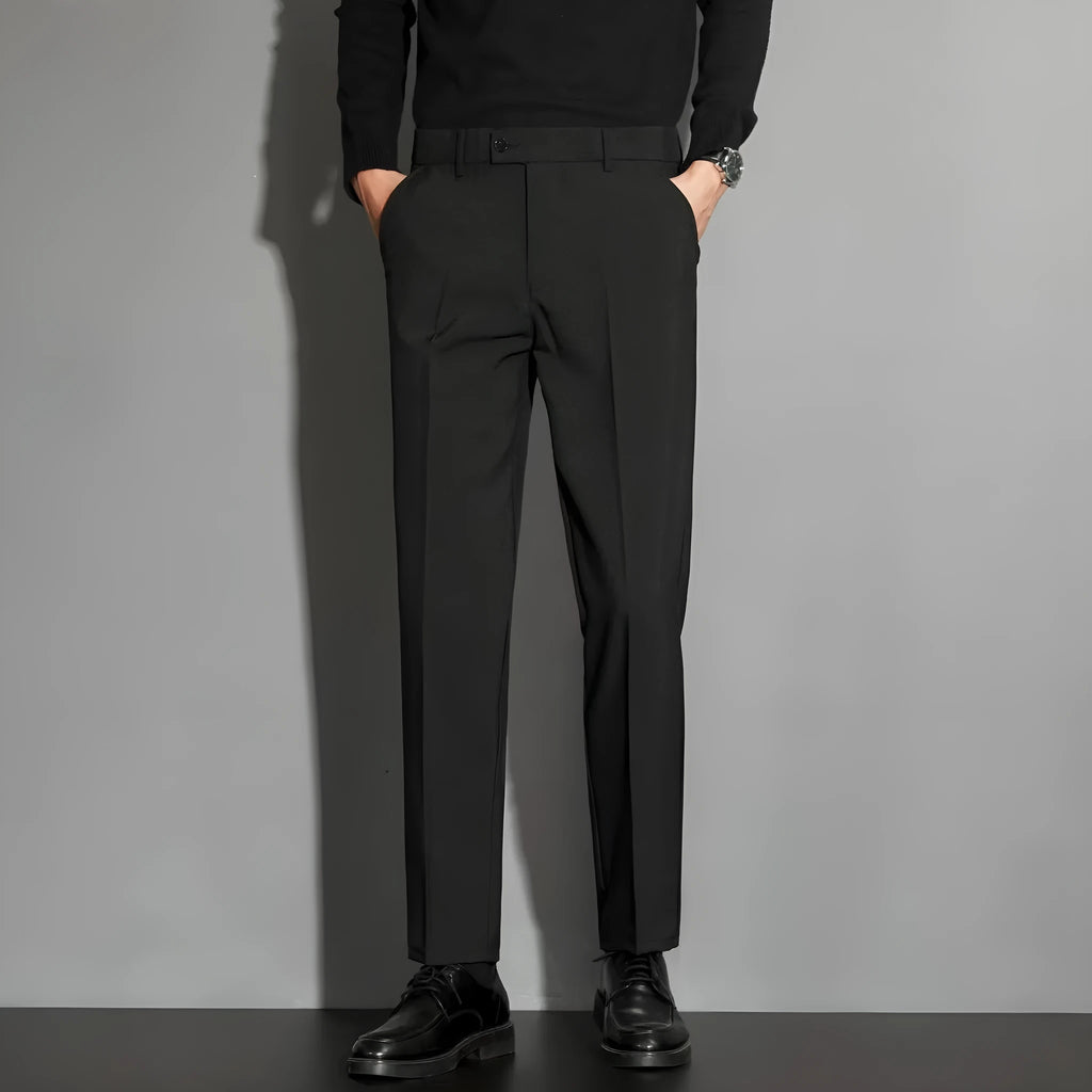 Men's straight-leg suit trousers in chemical fibre blend available in multiple colours and sizes