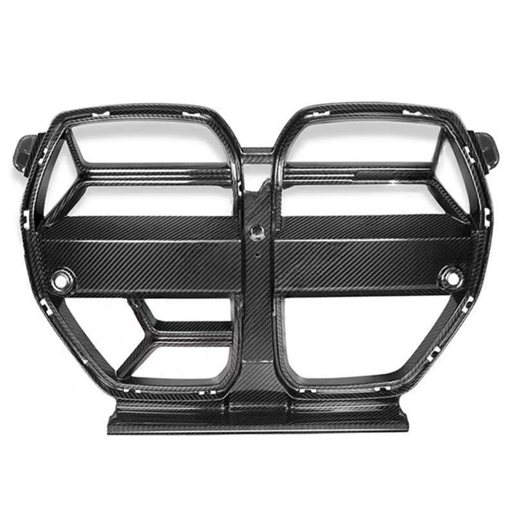 Dry carbon fibre front grille with 3K weave for BMW M3 M4 G80 G82 models in black.