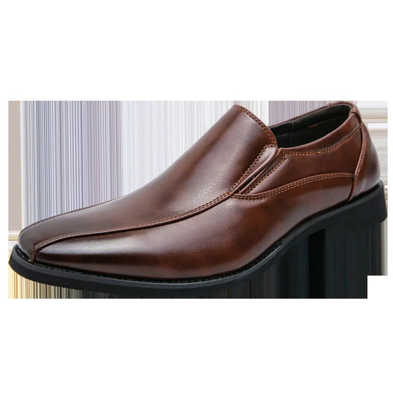 Men's black patent leather pointed toe shoes with a flat rubber sole and leather lining.