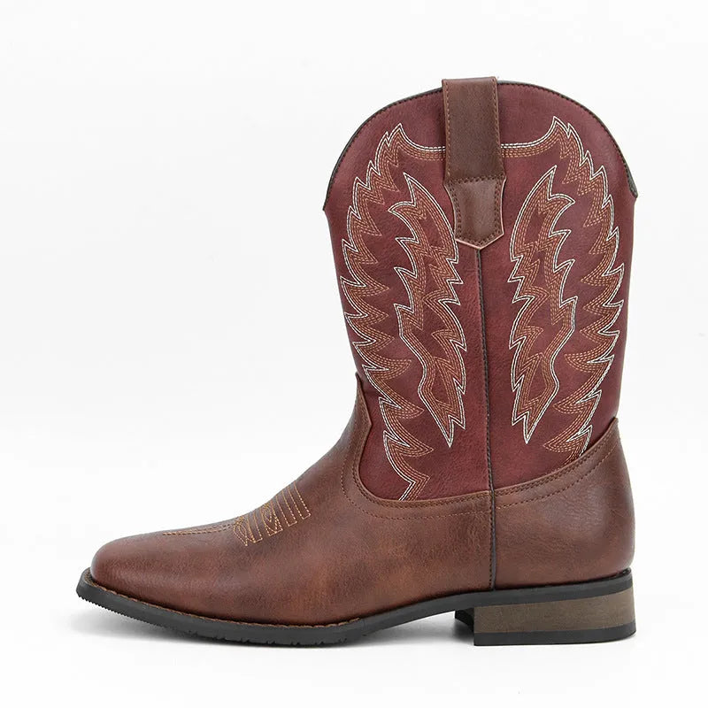 Men's black square toe western-style motorcycle boots with embroidery detail on artificial leather upper.