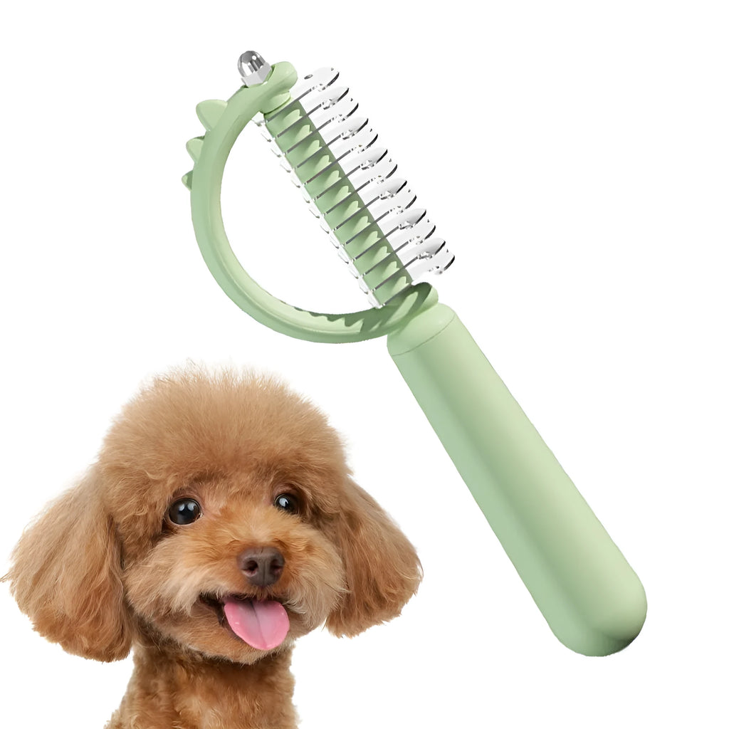 Dinosaur-shaped double-sided cat brush with self-cleaning mechanism in blue, green and white colours