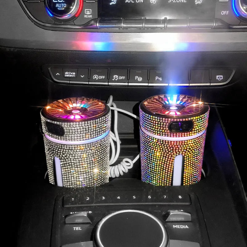 Luxury diamond rhinestone car humidifier with LED light, USB powered, 15x7x7cm, multi-colour options