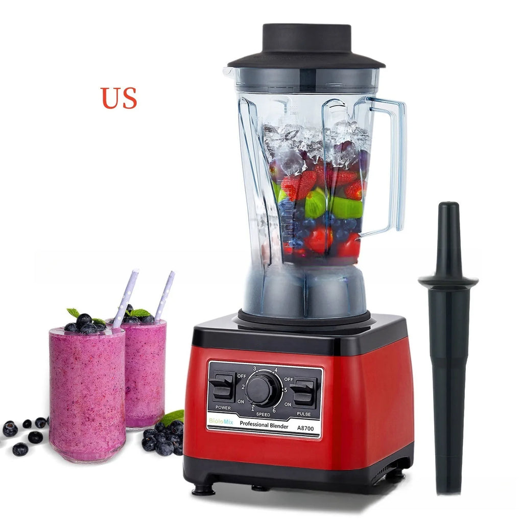 Red commercial blender model A8700 with 2200W power and 2L capacity jug