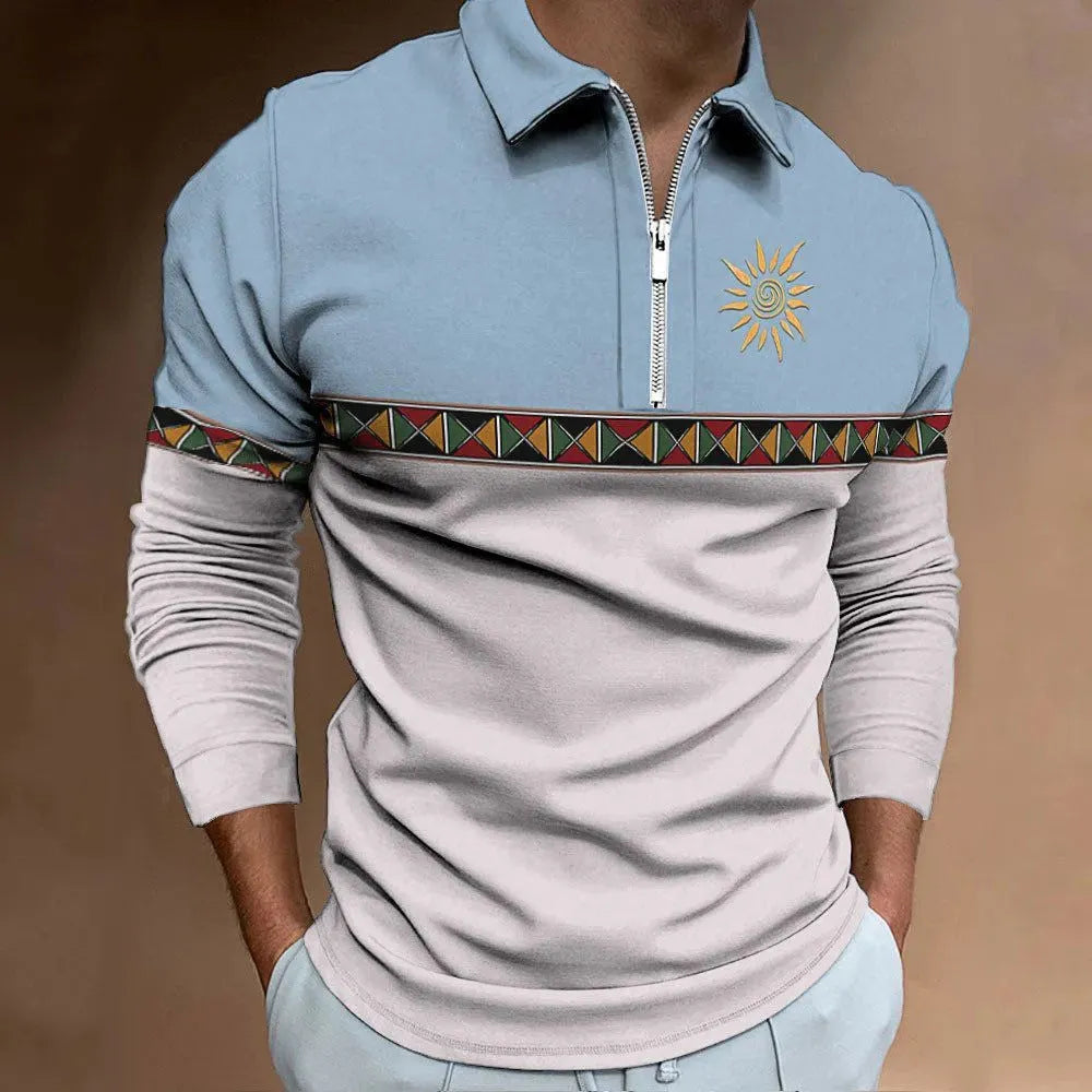 Men's retro print golf T-shirt with stripe pattern and zip details in loose fit