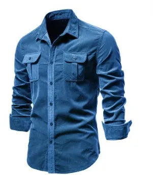 Men's long sleeve linen shirt shown in denim blue, available in multiple colours and sizes.