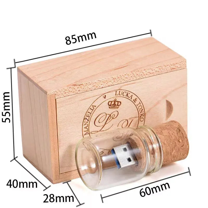 Wooden wish bottle USB flash drive with transparent window showing internal components