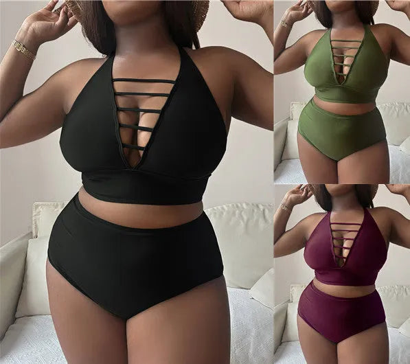Plus size women's halter bikini with adjustable cross straps and high-waisted briefs in solid colour