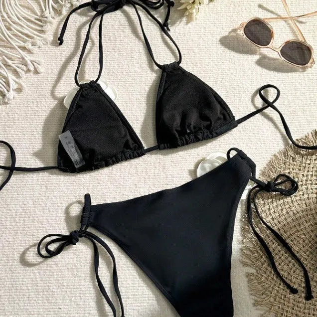 Black 3D flower bikini swimsuit with drawstring lace closure and backless design.