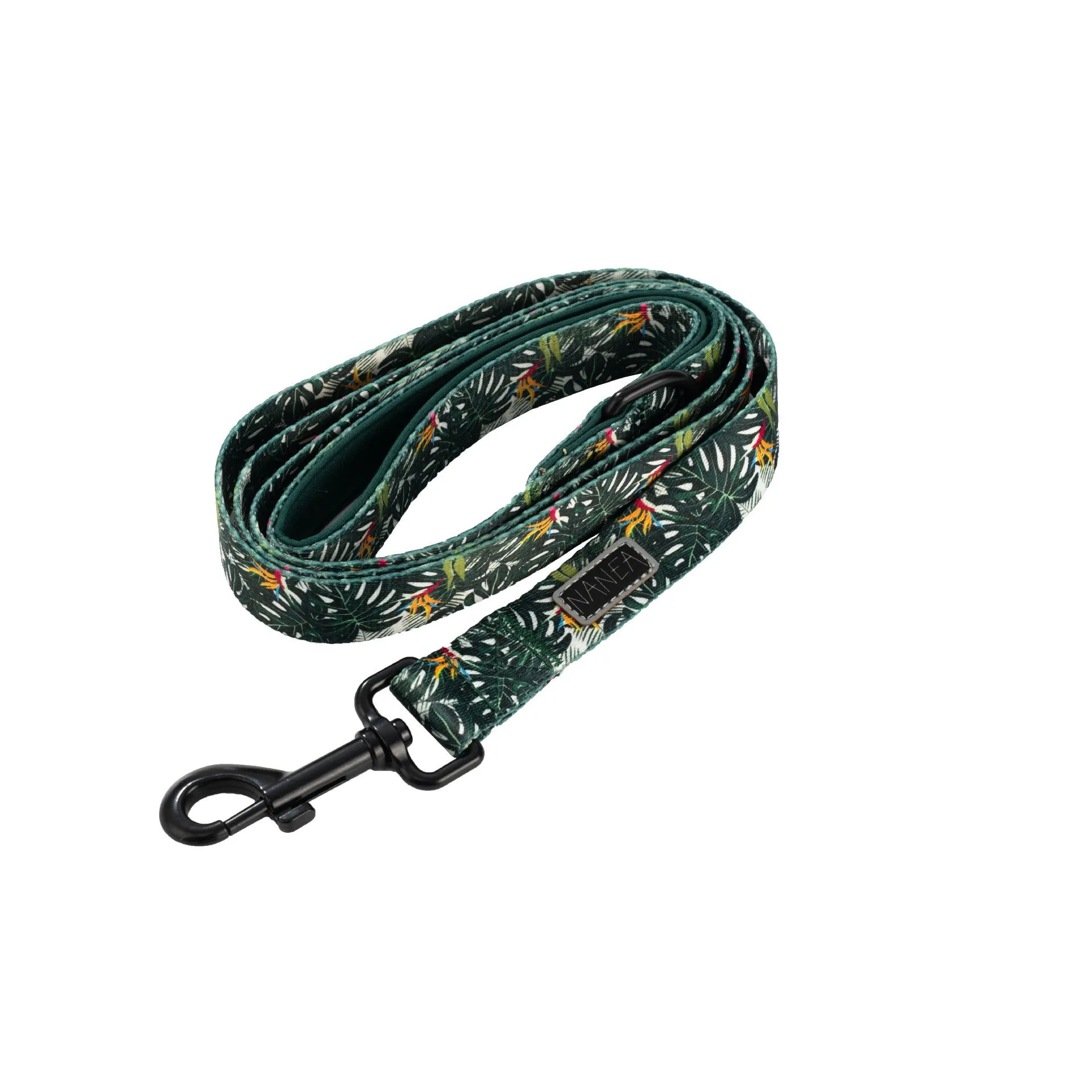 Six-piece adjustable cloth dog harness set with collar, lead, waste bag, bow, and triangular scarf.