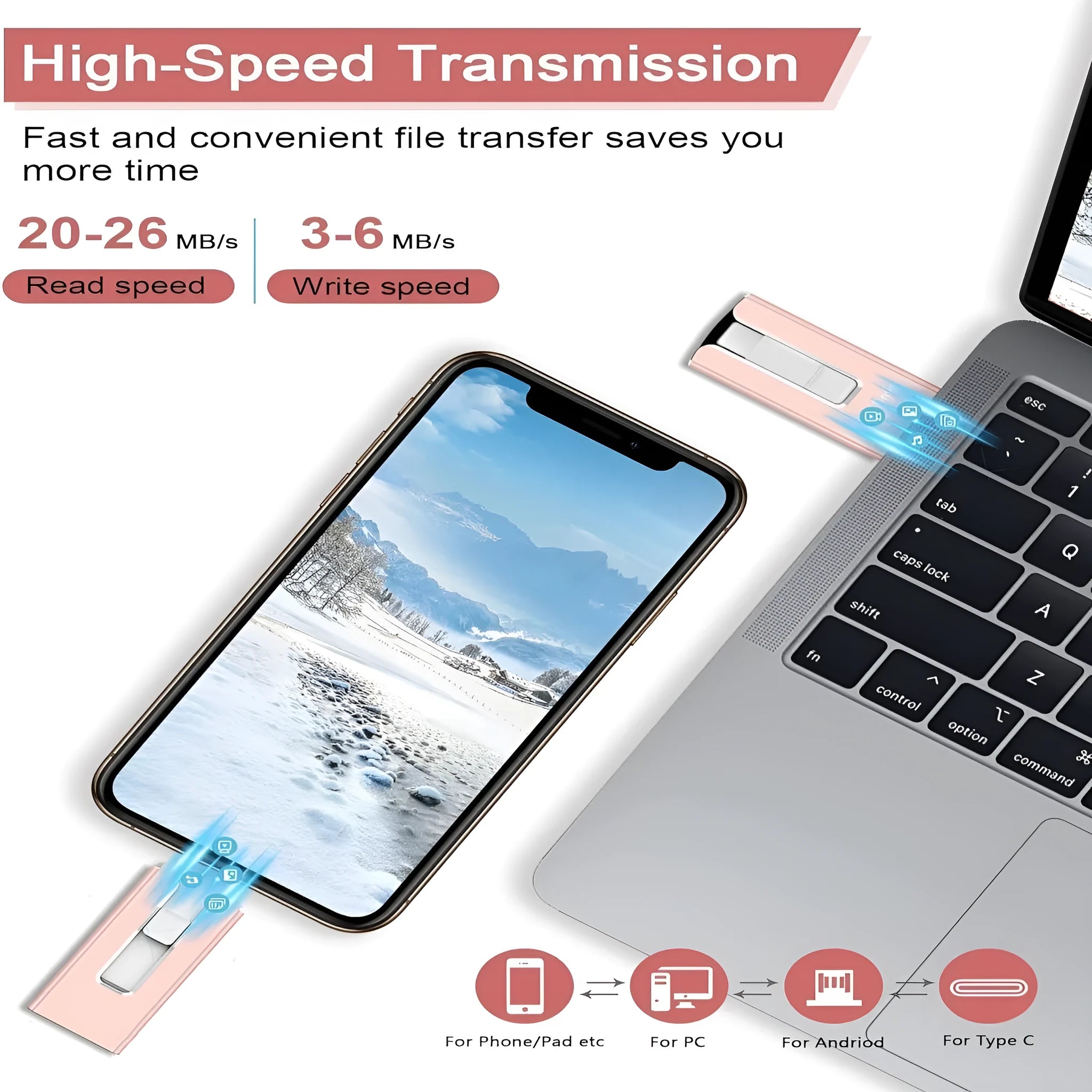 Multifunctional metal thumb drive with push pull connector in silver against neutral background