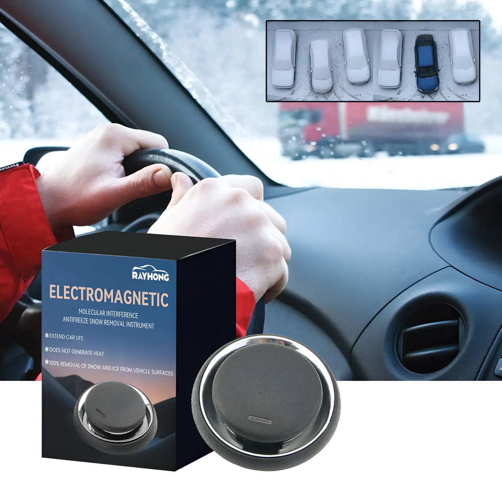Black portable car deicing and snow melting instrument on a windscreen.