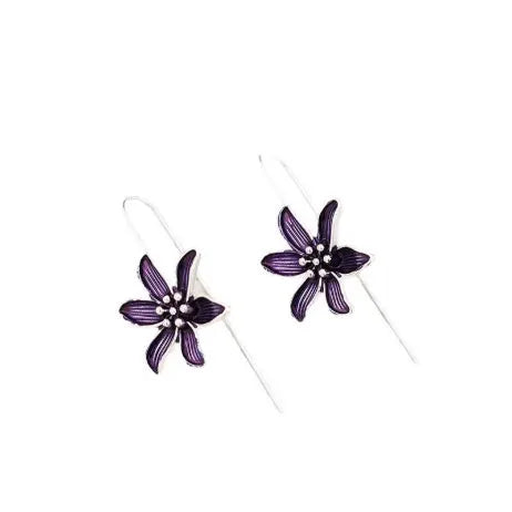 A pair of purple retro flower-shaped alloy earrings with an electroplated finish.