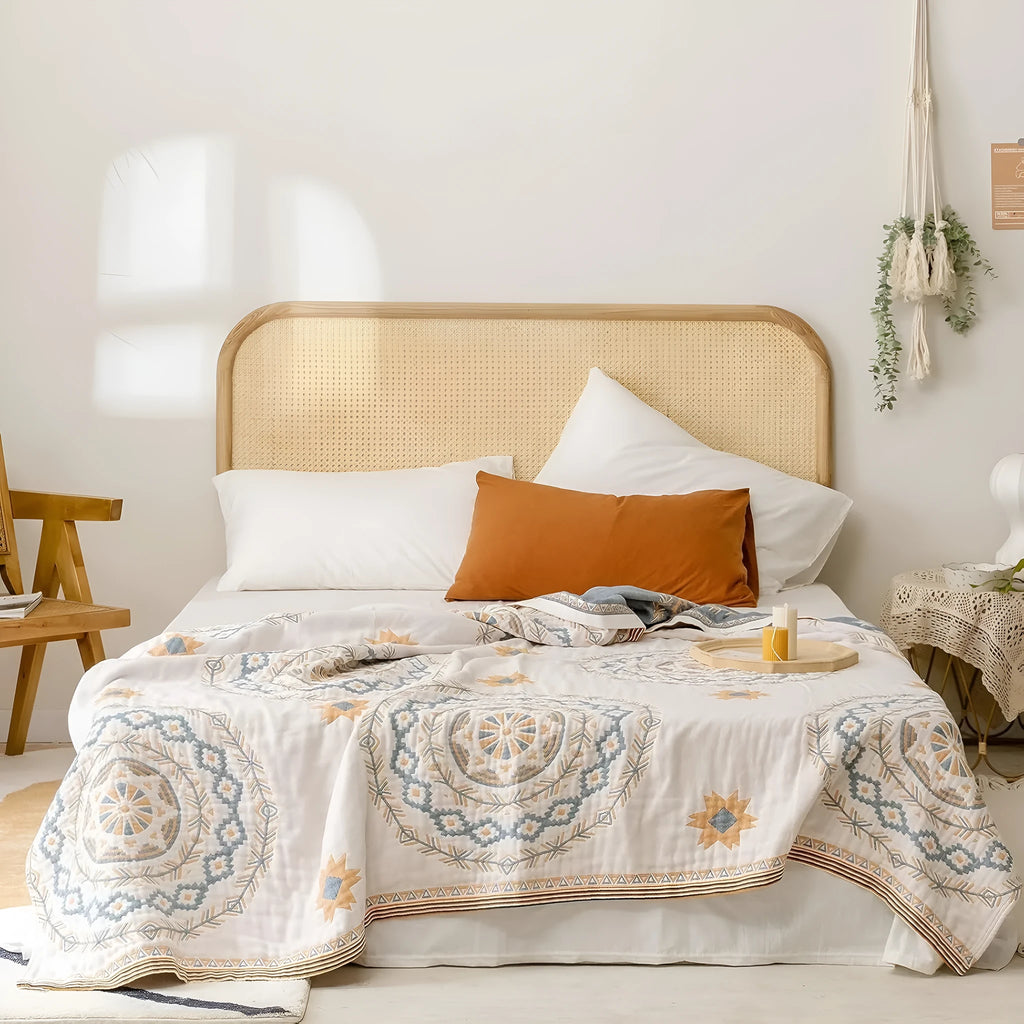 Cotton geometric pattern towel blanket shown in a modern simplicity style.