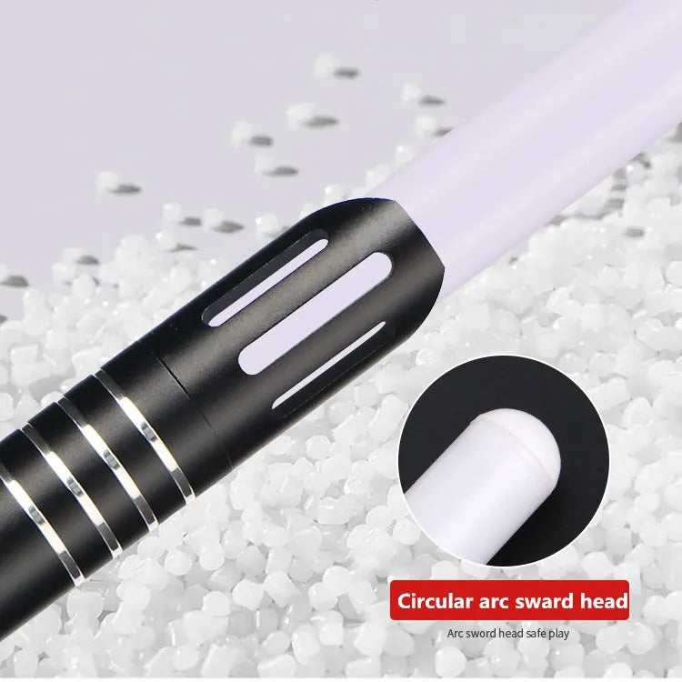 Two 2-in-1 RGB metal lightsabers connected with adapter showing ten-colour glow and metal hilt on blue background