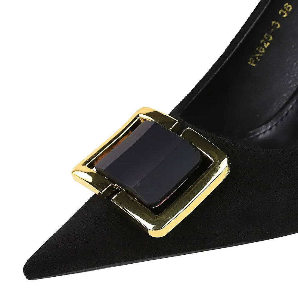 Black suede women's high heel shoes with a pointed toe and a 9cm stiletto heel.