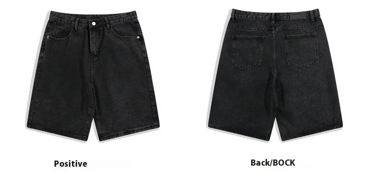 Men's light blue denim shorts with a straight-leg, five-point design and zipper fly.