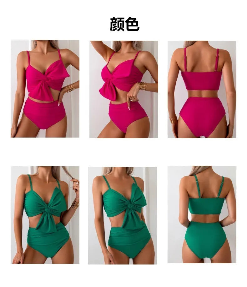Women's big bow print bikini swim trunks set in bright colours on a mannequin.