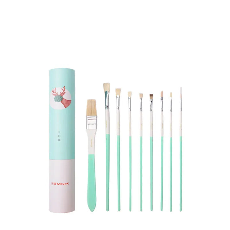 Set of acrylic gouache painting brushes including fan brushes, wide brush and detail brushes in animal-themed designs