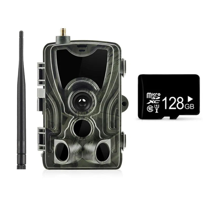 Outdoor surveillance camera with camouflage finish showing 1080p resolution and wide-angle lens specifications