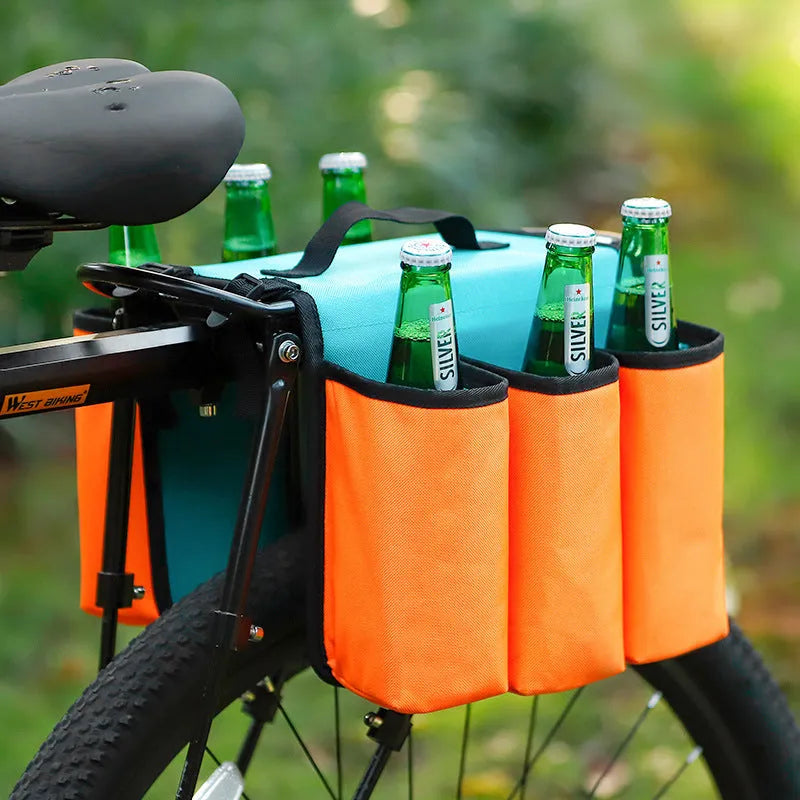 Black and blue orange double-sided bicycle drink bag with 2L capacity made from 600D PVC.
