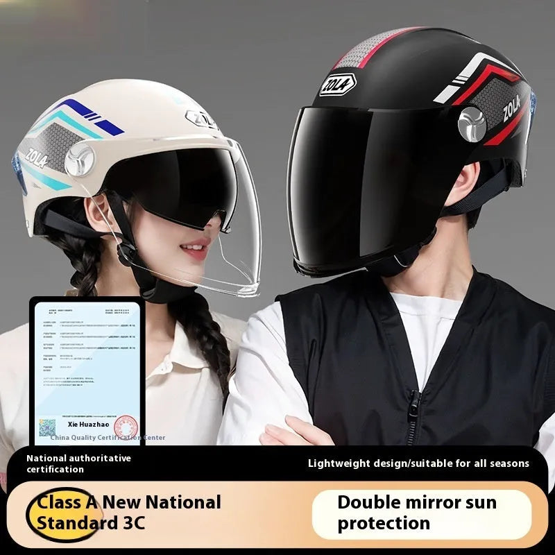 3C certified motorcycle half helmet showing integrated sun visor and dual anti-fog mirrors on a swivel mount.