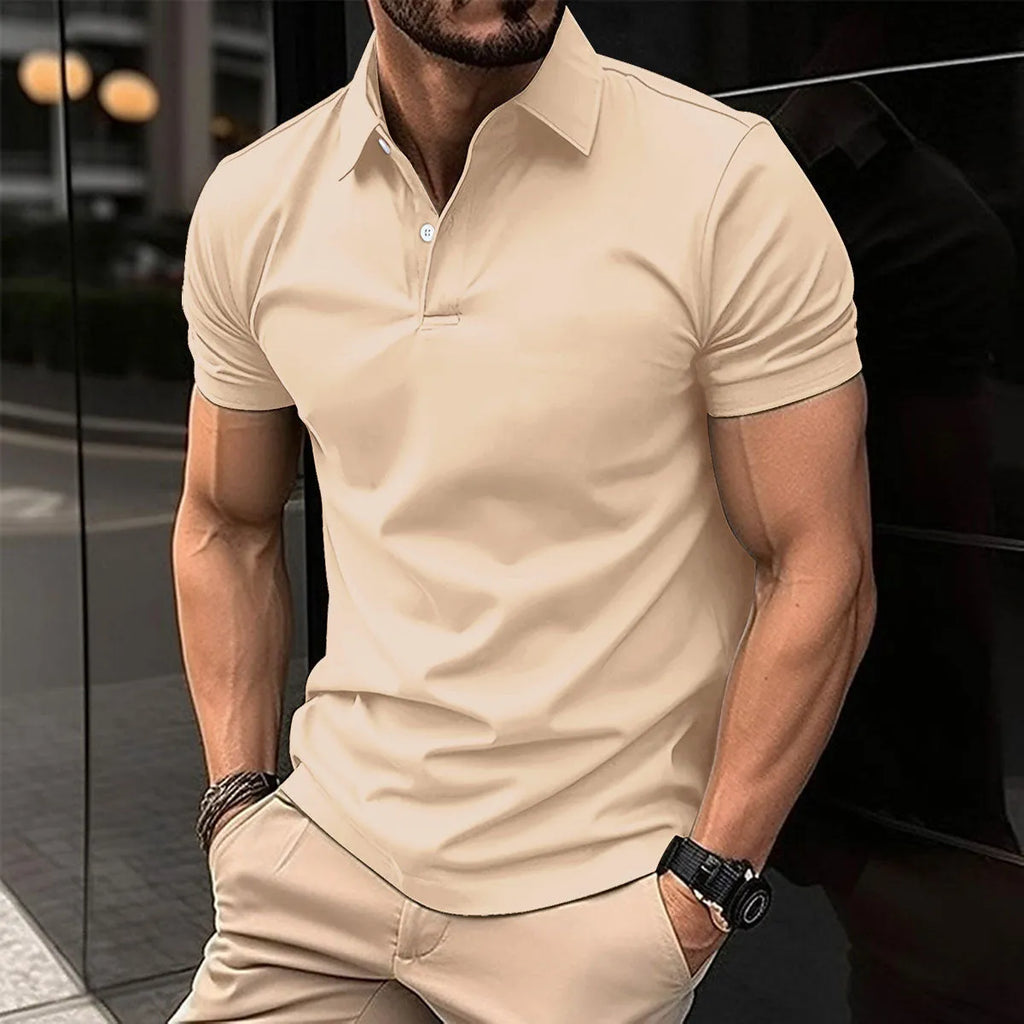 Men's solid colour cotton blend polo shirt with button lapel collar and short sleeves