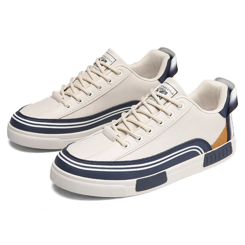 Men's beige and white-green canvas shoes with mesh panels and round-toe design