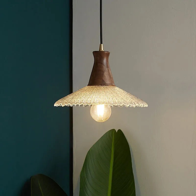 Retro brass and glass wood chandelier with wooden body, available in three sizes