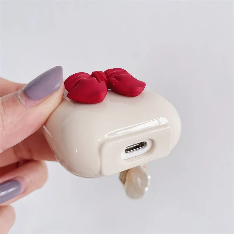 Beige red bow shell patterned TPU case for AirPods Pro wireless earphones