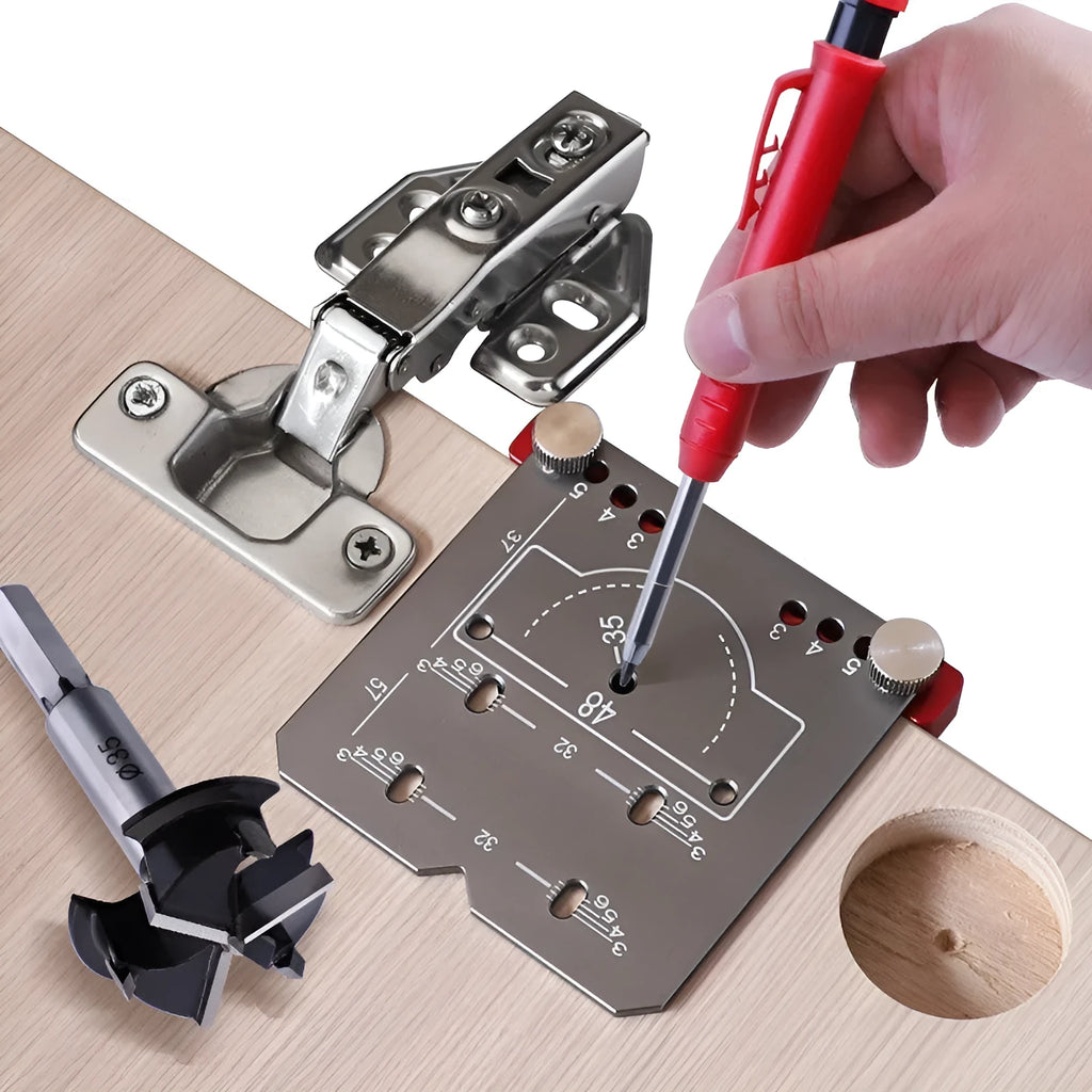 Red aluminium alloy hinge punch locator tool for 35mm cabinet hinge installation with adjustable margin settings