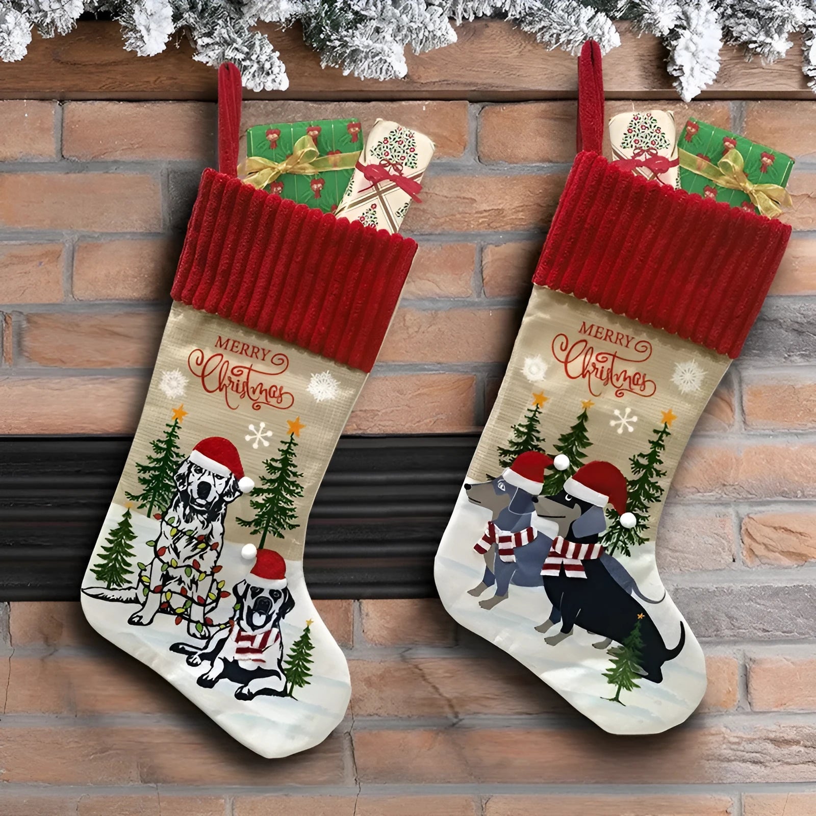Red and green cloth Christmas stocking pendant for pets, hanging on a tree branch.
