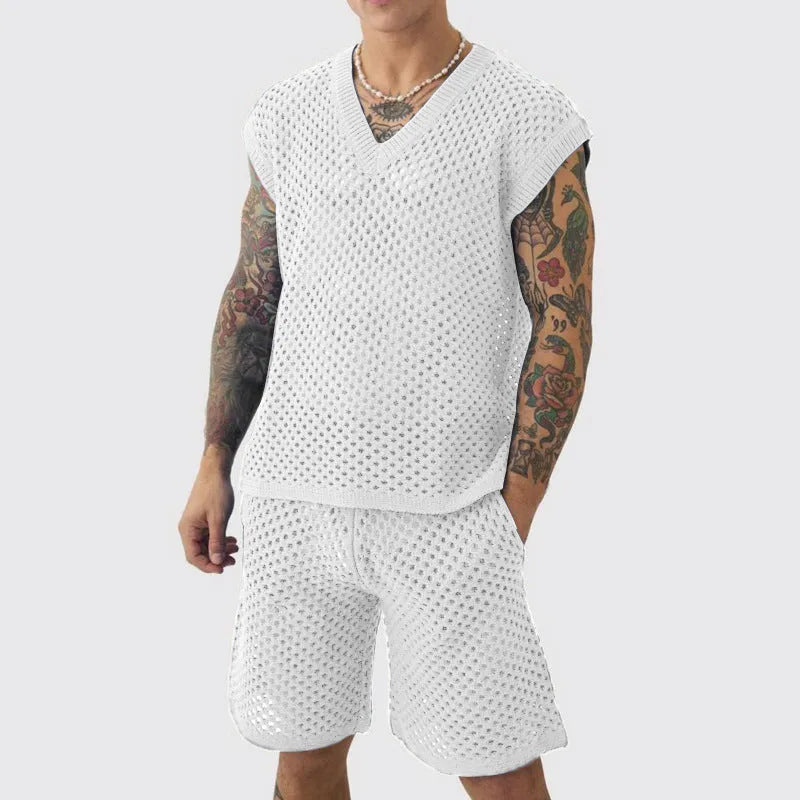 Men's blue V-neck sleeveless vest with matching shorts sports outfit