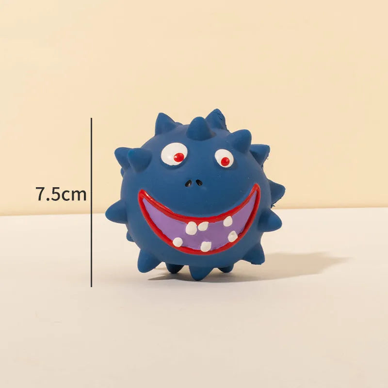 Set of four coloured squeaky dog balls with cute faces, made from natural latex rubber.