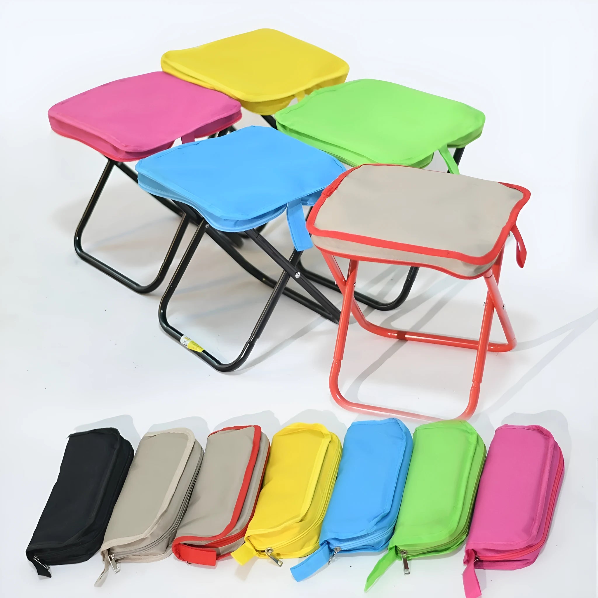 Outdoor foldable camp chair stool in Oxford fabric shown in khaki colour, folded in pencil box shape.
