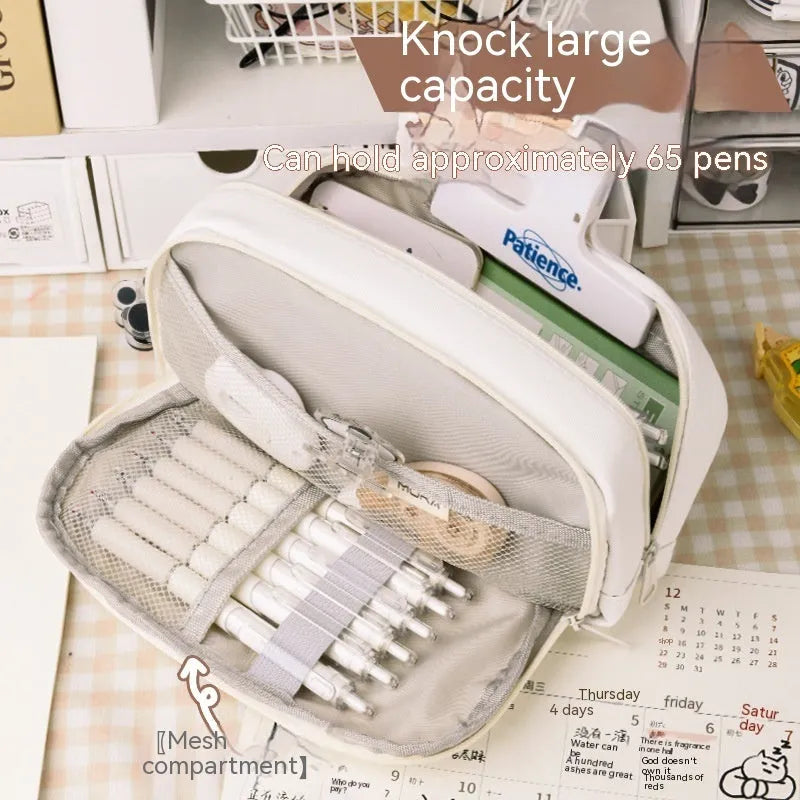 Green canvas button pencil case showing large capacity for pens in Korean style design.