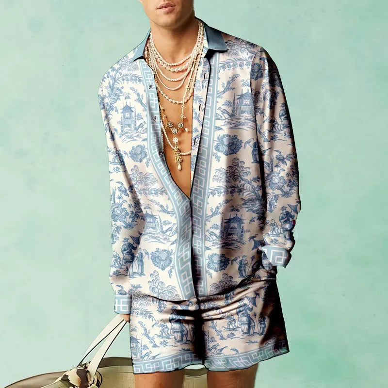 Men's slim fit casual shirt and matching shorts set in a summer colour.