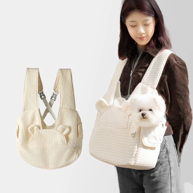 Grey quilted cross-chest pet backpack for small dogs and cats