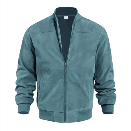 Men's plus size suede casual jacket with zipper closure in Army Green colour showing regular sleeve design