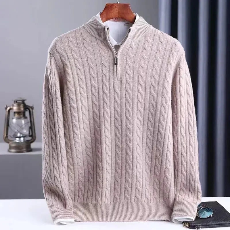 Men's thick twist jacquard sweater with half-zip high collar in grey, cotton blend and rabbit fur, long sleeve winter pullover