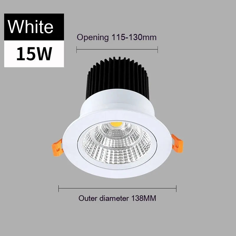 LED embedded ceiling spotlight with aluminium housing showing three colour temperature options and hole size measurements