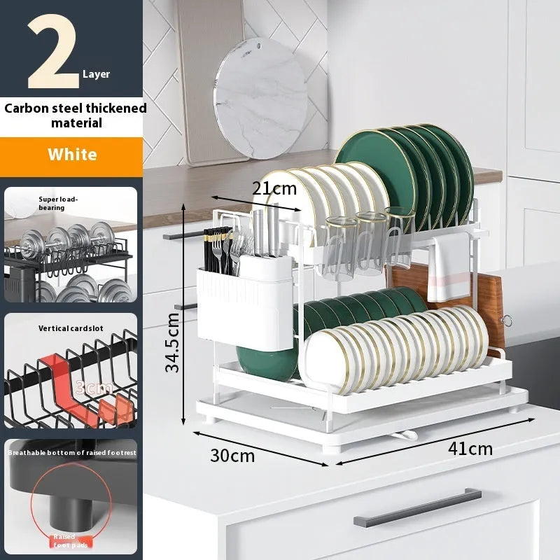 Modern white double-layer kitchen draining and storage rack made from carbon steel.